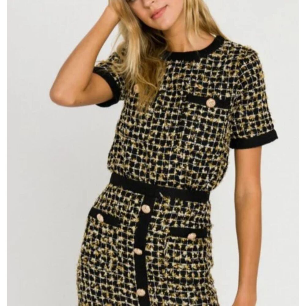 Endless Rose Black & Gold Tweed Crop Top